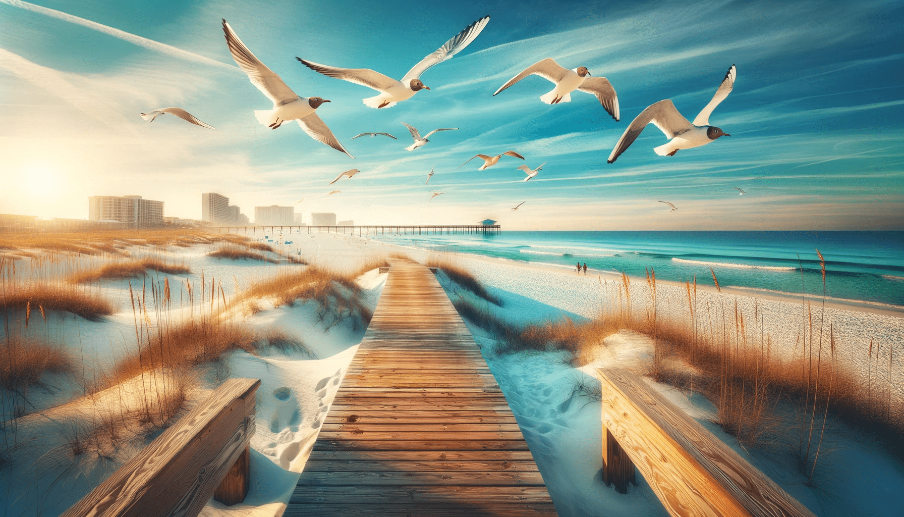 Gulf State Park in Alabama, serene beach scene with white sands, clear blue waters, and a calm ocean. Wooden boardwalk leading.png